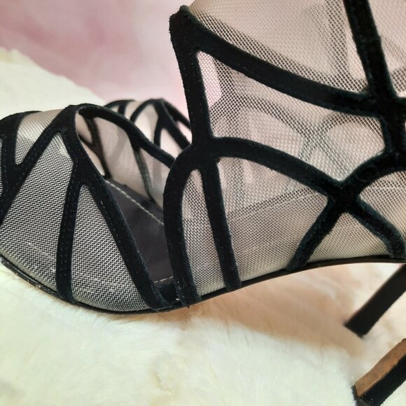 La Canadienne Black Suede Mesh Heels Sandals Size 39 US 8.5 Ankle Strap Italy - Picture 7 of 12